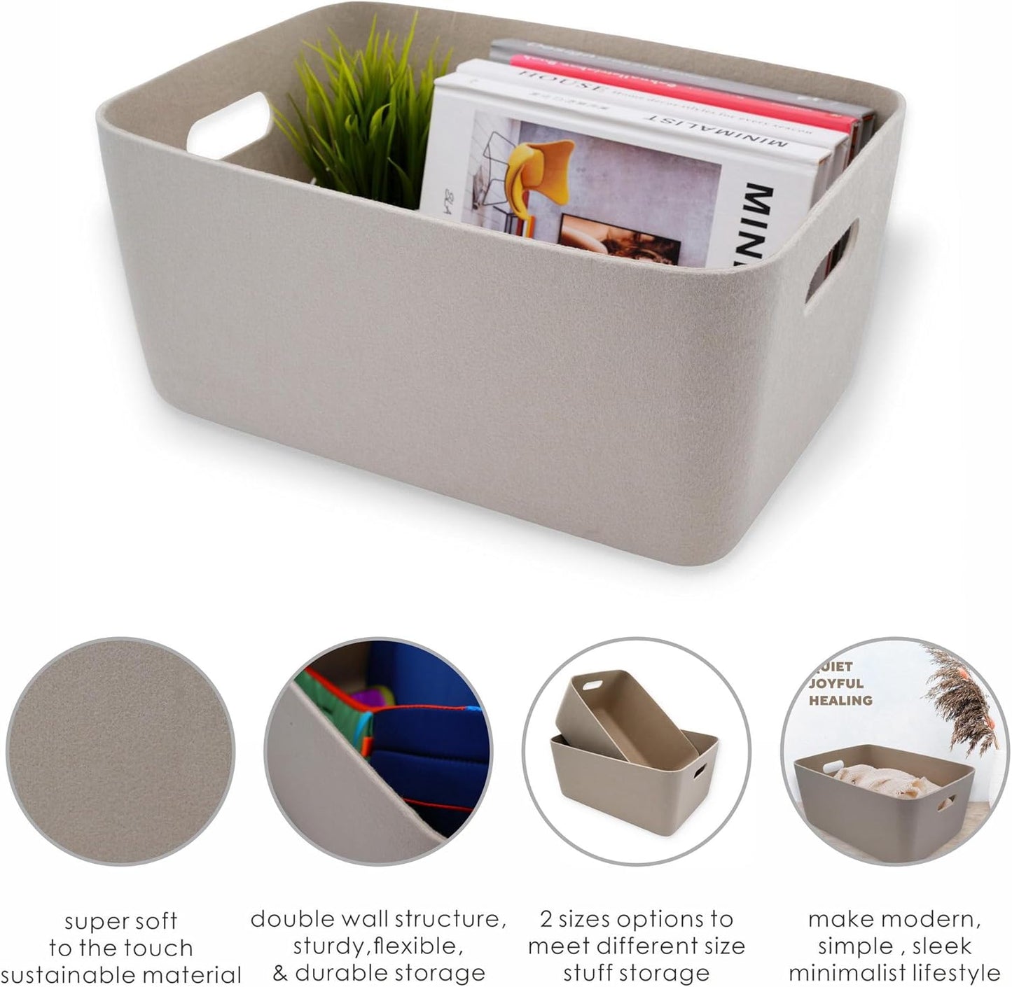Welaxy Super Soft Felt Fabric Baskets with handles lightweight Durable Sturdy structured Storage bin container Sleek Simple Modern Living ( Stone White, Medium)