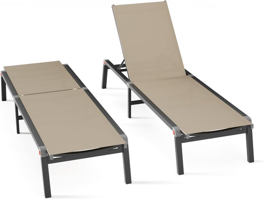 Aluminum Chaise Foldable Patio Lounge Chair Outdoor, Metal Deck Lounger Adjustable 5-Position Recliner Pool Chase Breathable Full Flat Outside Sun Tanning Chairs for Beach/Poolside/Lawn(Khaki, 2 Pack)