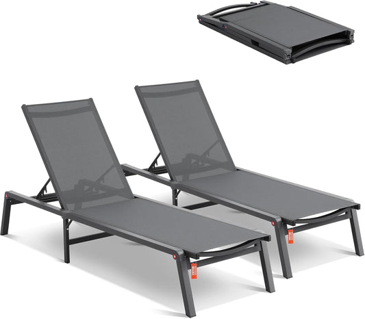 VEVOR 2 Pcs Chaise Lounge Chairs Outdoor, Aluminum Patio Lounge Chair with Adjustable 5-Position, Folding Pool Chairs Recliner and Full Flat Tanning Chair for Patio, Beach, Pool, Grey, 2 pcs