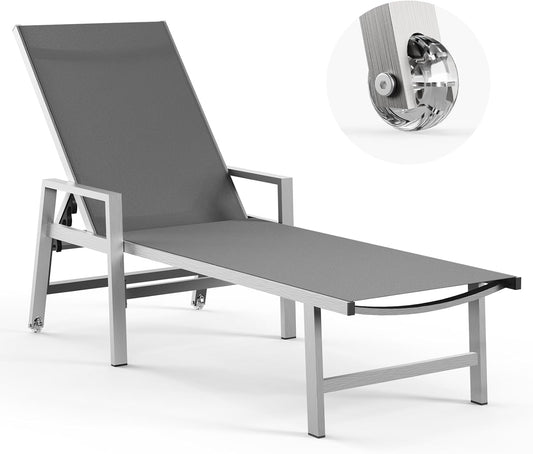 Patio Chaise Lounge Chair Outdoor with Wheels&Armrests, Aluminum Pool Lounge Chairs 5-Position Adjustable Recliner, Outdoor Beach Lounge Chairs for Poolside, Patio, Deck, Yard, Dark Gray