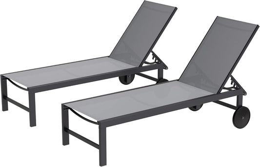 Shintenchi 2 PCS Outdoor Chaise Lounges Chair with Wheels Aluminum Reclining Patio Lounge Chairs with 5 Adjustable Position Recliner for Patio, Beach, Yard, Pool Patio Furniture Set,Light Grey