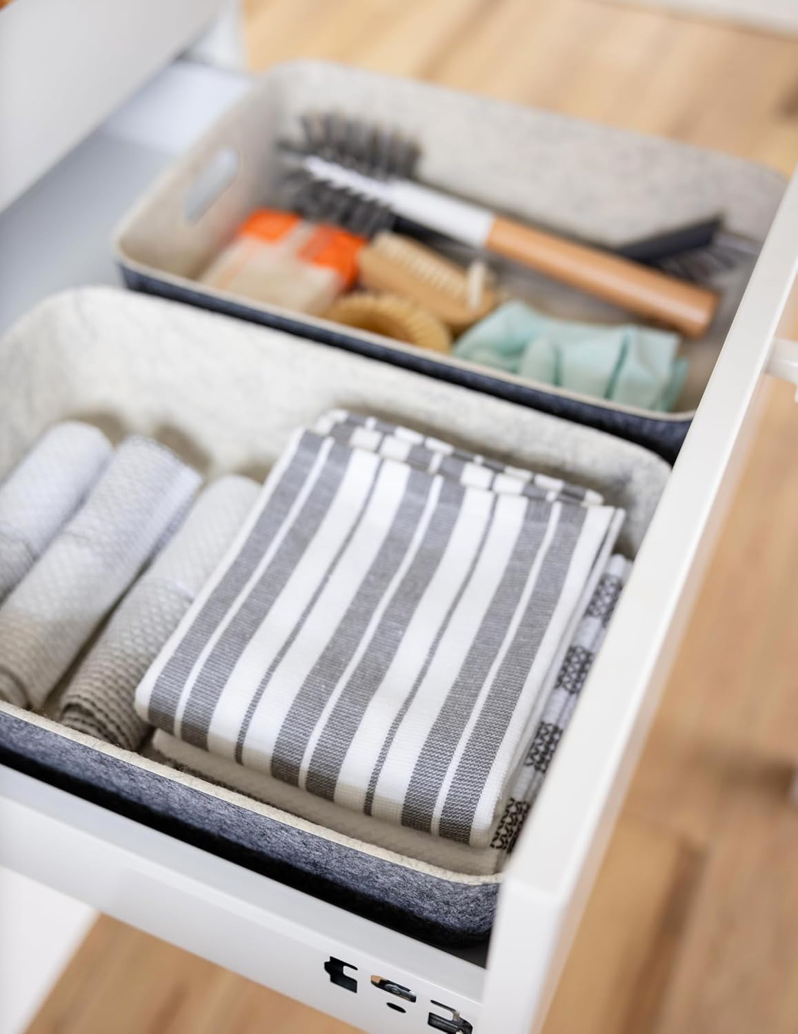 Three by Three Seattle reSTAK Medium Short Storage Bin – Made from 100% Post-Consumer Recycled PET, Charcoal/Cream Felt Design for Stylish Organization, 3 Pack