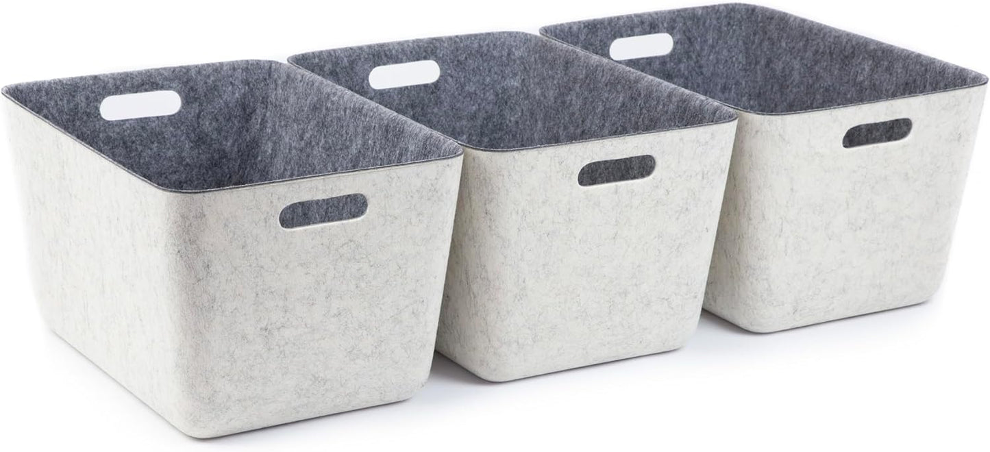 Three by Three Seattle reSTAK Medium Short Storage Bin – Made from 100% Post-Consumer Recycled PET, Charcoal/Cream Felt Design for Stylish Organization, 3 Pack