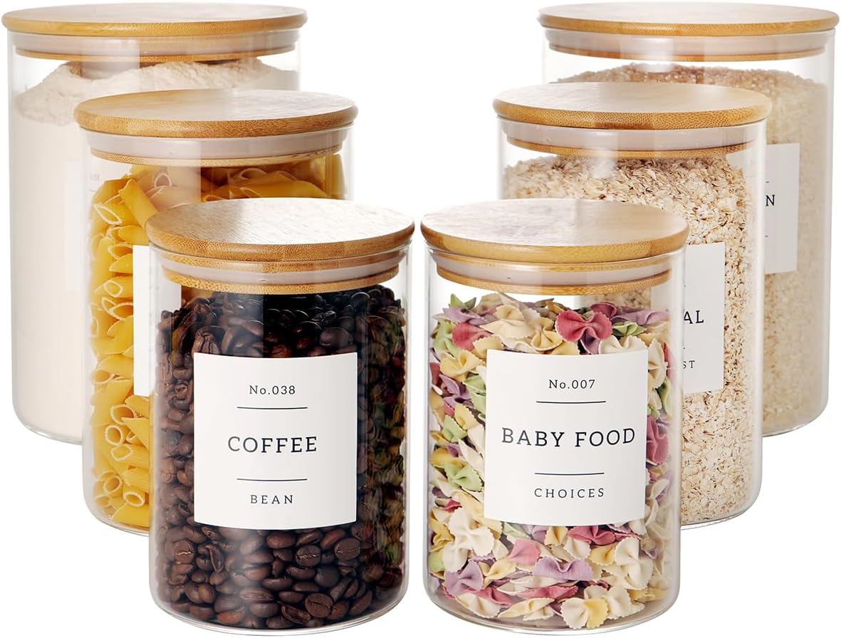 Set of 6 Glass Flour and Sugar jars with 132 Kitchen Pantry Labels - Thicken Large Glass Storage containers with Airtight Bamboo Lid - Rice Canisters for Salt Coffee(100OZ/54OZ/27OZ)