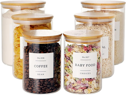 Set of 6 Glass Flour and Sugar jars with 132 Kitchen Pantry Labels - Thicken Large Glass Storage containers with Airtight Bamboo Lid - Rice Canisters for Salt Coffee(100OZ/54OZ/27OZ)