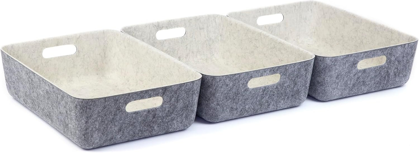Three by Three Seattle reSTAK Medium Short Storage Bin – Made from 100% Post-Consumer Recycled PET, Charcoal/Cream Felt Design for Stylish Organization, 3 Pack