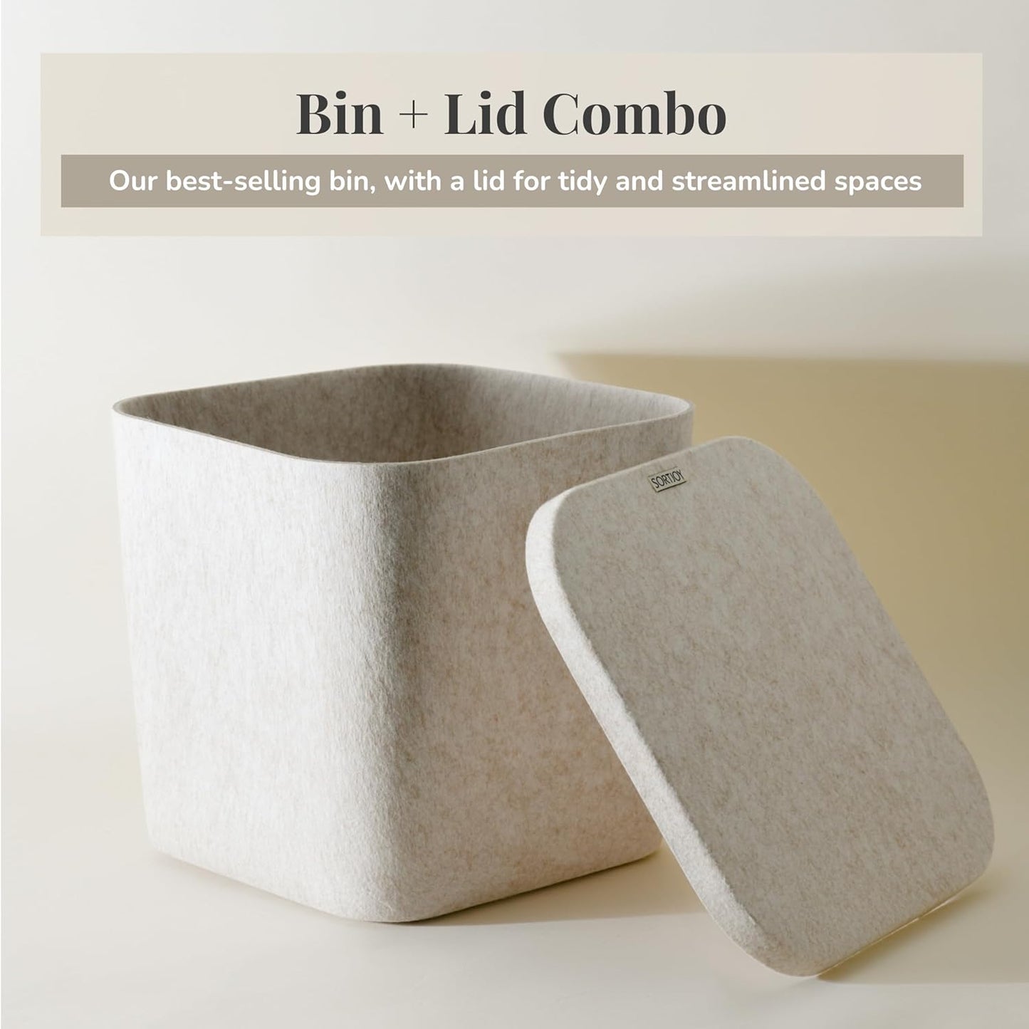 SortJoy The Original Sculpted Bins With Lids Set of 3 Storage Bin Felt Storage Basket Drawer Organizer Clothes Closet Cabinet Bathroom, Pantry, Kitchen 12.5" x 12.5" x 11.63" (Stone, Oatmeal)