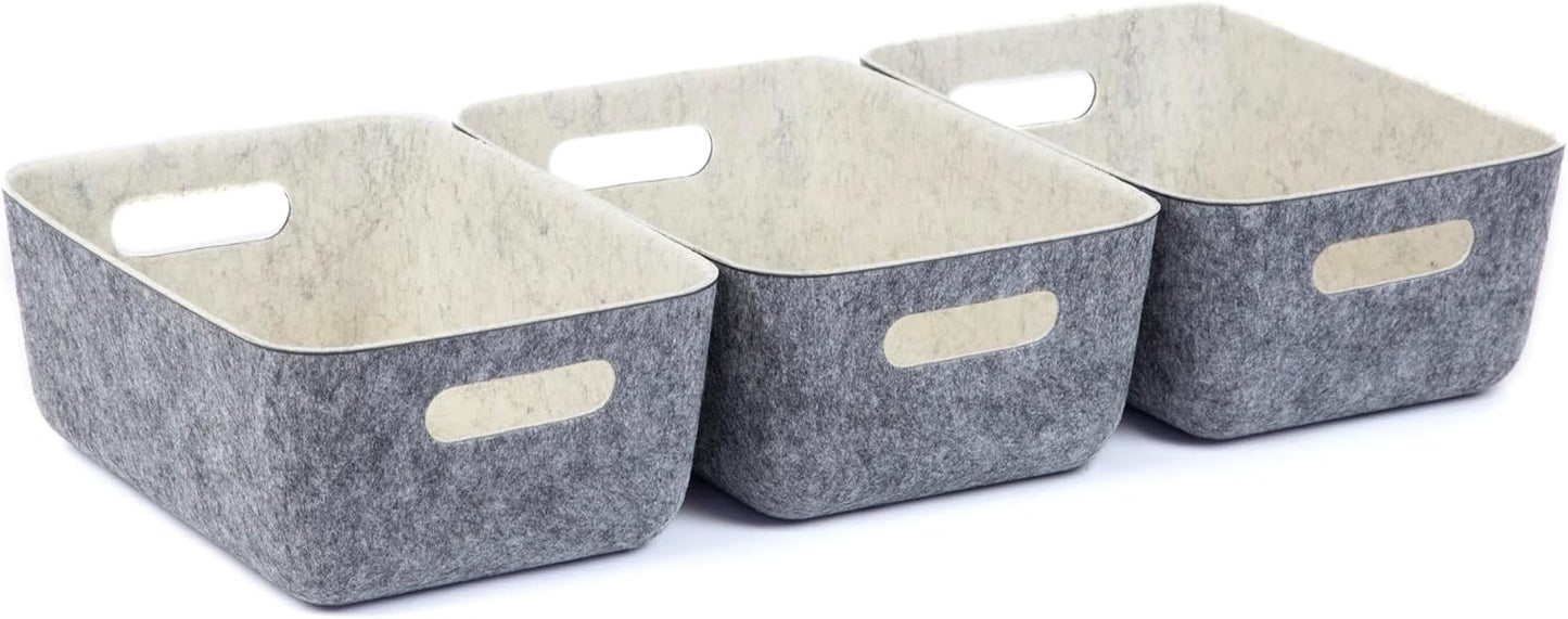 Three by Three Seattle reSTAK Medium Short Storage Bin – Made from 100% Post-Consumer Recycled PET, Charcoal/Cream Felt Design for Stylish Organization, 3 Pack