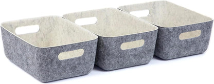 Three by Three Seattle reSTAK Medium Short Storage Bin – Made from 100% Post-Consumer Recycled PET, Charcoal/Cream Felt Design for Stylish Organization, 3 Pack