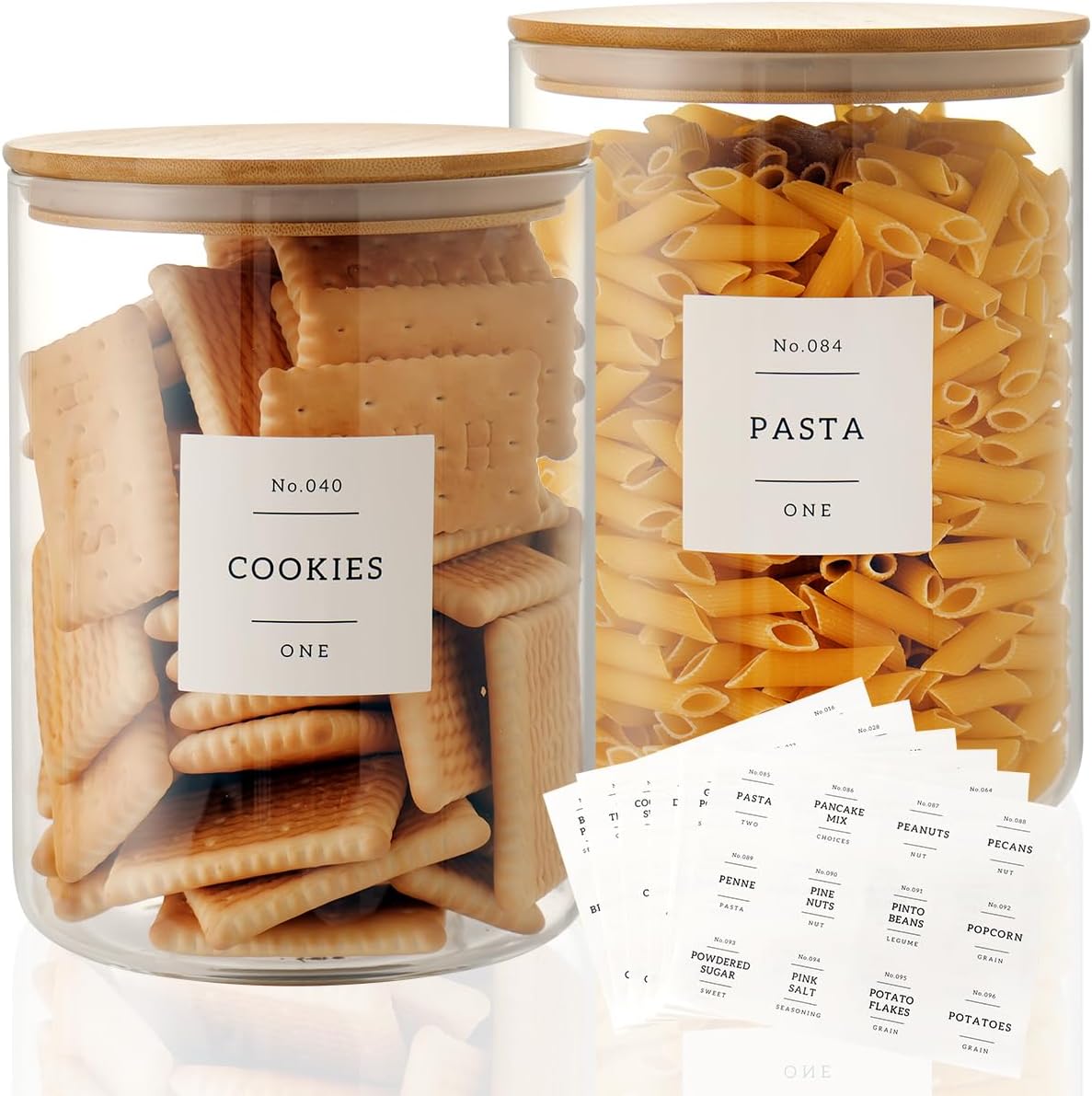 Set of 6 Glass Flour and Sugar jars with 132 Kitchen Pantry Labels - Thicken Large Glass Storage containers with Airtight Bamboo Lid - Rice Canisters for Salt Coffee(100OZ/54OZ/27OZ)