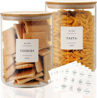 Set of 6 Glass Flour and Sugar jars with 132 Kitchen Pantry Labels - Thicken Large Glass Storage containers with Airtight Bamboo Lid - Rice Canisters for Salt Coffee(100OZ/54OZ/27OZ)