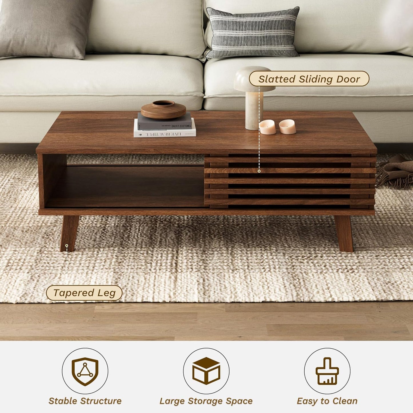 Mid Century Modern Coffee Table, Wood Coffee Table with Storage, Farmhouse Table for Living Room, Apartment, Walnut