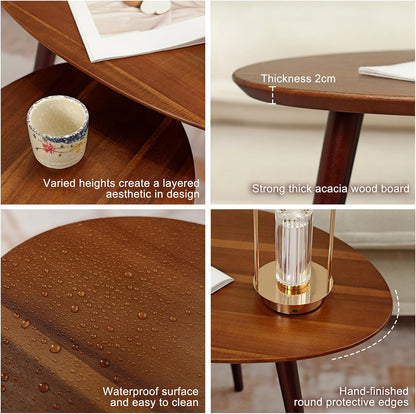 Small Oval Coffee Tables Set,Acacia Wood Tabletop Nesting Tables（25.6"x17.7"+17.7"x13.4" for Living Room Small Spaces Office,Easy Assembly Minimalist Walnut Mid Century Modern Coffee Table