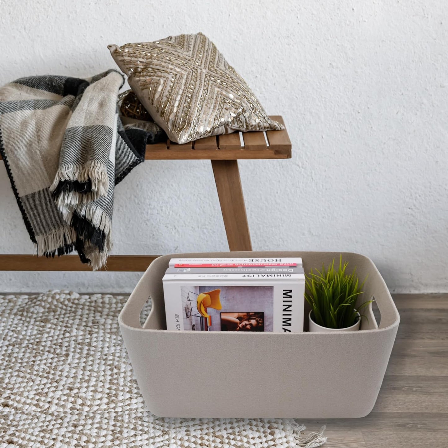 Welaxy Super Soft Felt Fabric Baskets with handles lightweight Durable Sturdy structured Storage bin container Sleek Simple Modern Living ( Stone White, Medium)