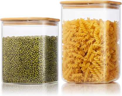 Square Glass Jars with Bamboo Lids [Muti Size Set of 5], Glass Canisters with Airtight Lids, Glass Food Storage Containers for Pasta, Cereal, Flour, Sugar, Best for Kitchen & Pantry