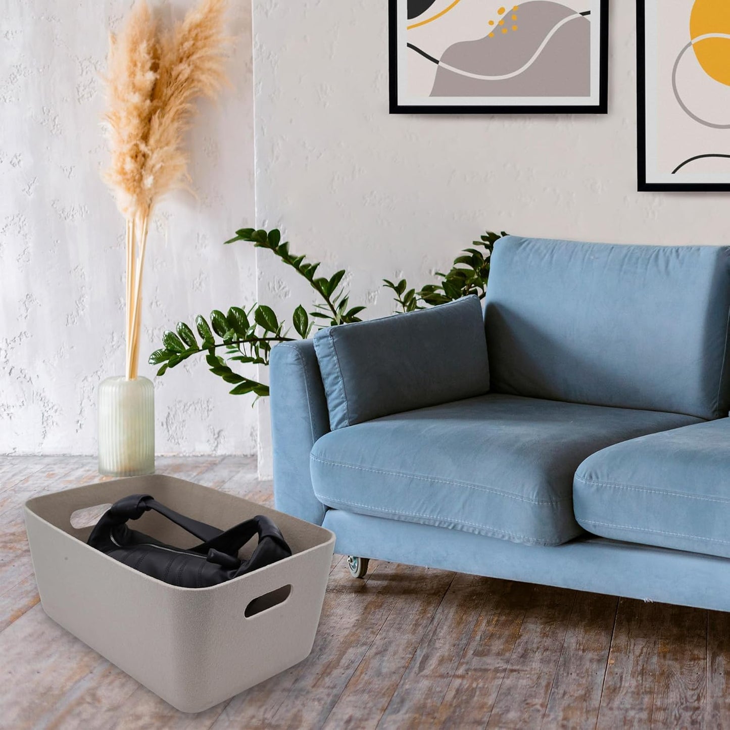 Welaxy Super Soft Felt Fabric Baskets with handles lightweight Durable Sturdy structured Storage bin container Sleek Simple Modern Living ( Stone White, Medium)