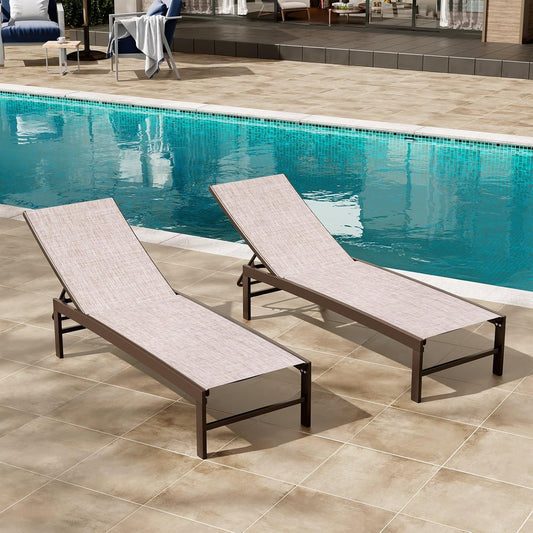 Crestlive Products Lounge Chair Outdoor Set of 2, Aluminum Pool Chaise Lounge Chairs, Adjustable Five-Position Tanning Recliner, All Weather for Patio, Beach, Yard, Pool (Beige)