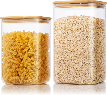 Square Glass Jars with Bamboo Lids [Muti Size Set of 5], Glass Canisters with Airtight Lids, Glass Food Storage Containers for Pasta, Cereal, Flour, Sugar, Best for Kitchen & Pantry
