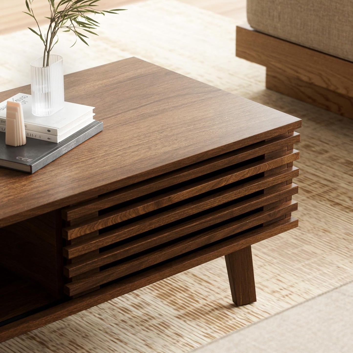 Mid Century Modern Coffee Table, Wood Coffee Table with Storage, Farmhouse Table for Living Room, Apartment, Walnut