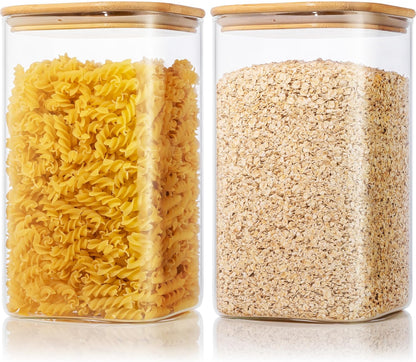 Square Glass Jars with Bamboo Lids [Muti Size Set of 5], Glass Canisters with Airtight Lids, Glass Food Storage Containers for Pasta, Cereal, Flour, Sugar, Best for Kitchen & Pantry