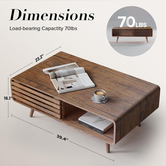 Easyego Coffee Table with Storage, Farmhouse Wood Tables for Living Room, Easy Assembly, Suitable for Various Home Styles (Walnut)