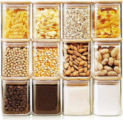 Square Glass Jars with Bamboo Lids [Muti Size Set of 5], Glass Canisters with Airtight Lids, Glass Food Storage Containers for Pasta, Cereal, Flour, Sugar, Best for Kitchen & Pantry
