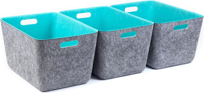 Three by Three Seattle reSTAK Medium Short Storage Bin – Made from 100% Post-Consumer Recycled PET, Charcoal/Cream Felt Design for Stylish Organization, 3 Pack