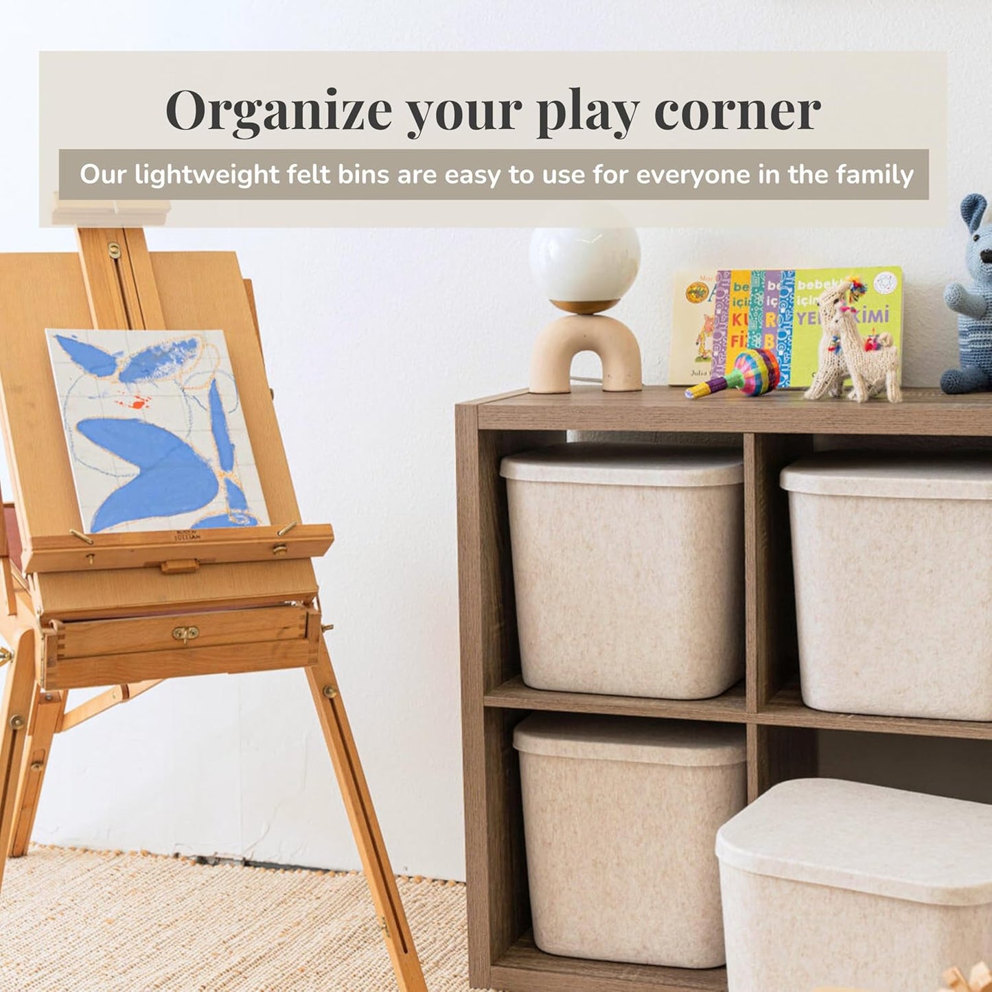 SortJoy The Original Sculpted Bins With Lids Set of 3 Storage Bin Felt Storage Basket Drawer Organizer Clothes Closet Cabinet Bathroom, Pantry, Kitchen 12.5" x 12.5" x 11.63" (Stone, Oatmeal)