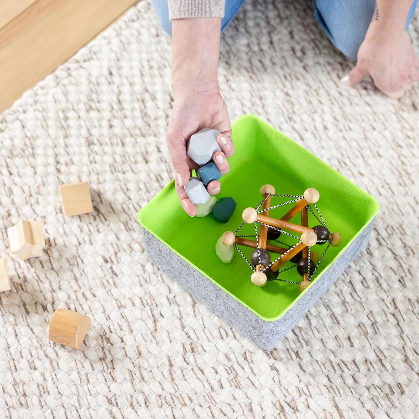 Three by Three Seattle Felt·Like·It! 9x9x4 Inch Felt Storage Bin for Office, Craft Room, Classroom, Living Room, Bedroom Storage (Blue) 4 Pack