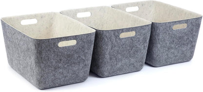 Three by Three Seattle reSTAK Medium Short Storage Bin – Made from 100% Post-Consumer Recycled PET, Charcoal/Cream Felt Design for Stylish Organization, 3 Pack