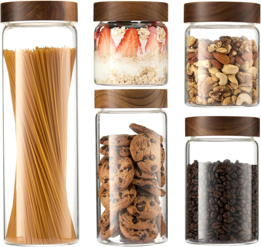 Glass Canister Set of 5 with Acacia Wood Lids Airtight Food Storage Jars for Kitchen Pantry Organization Containers for Spaghetti, Flour, Sugar, Coffee, Tea, Overnight Oats Yogurt More