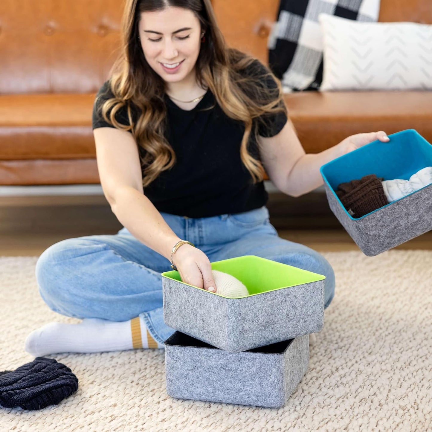 Three by Three Seattle Felt·Like·It! 9x9x4 Inch Felt Storage Bin for Office, Craft Room, Classroom, Living Room, Bedroom Storage (Blue) 4 Pack