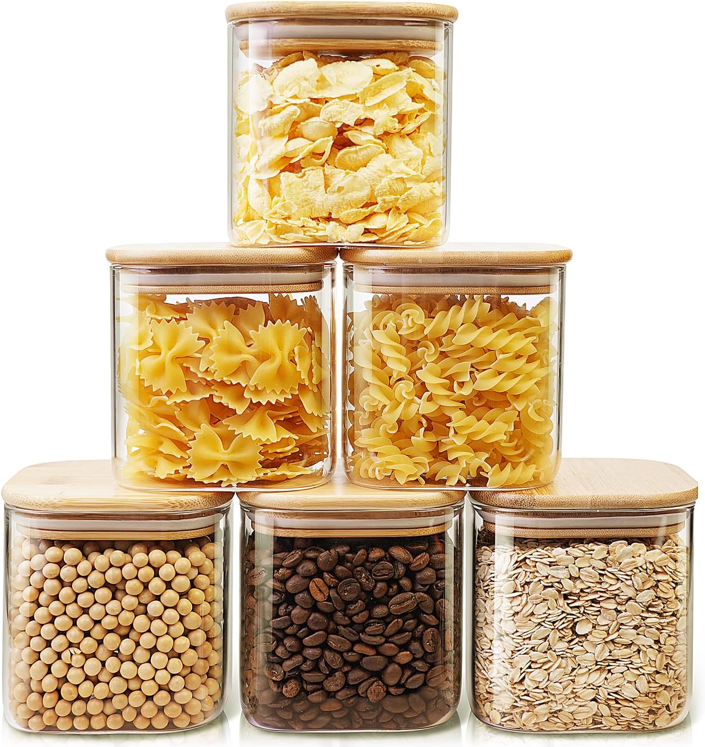 Square Glass Jars with Bamboo Lids [Muti Size Set of 5], Glass Canisters with Airtight Lids, Glass Food Storage Containers for Pasta, Cereal, Flour, Sugar, Best for Kitchen & Pantry