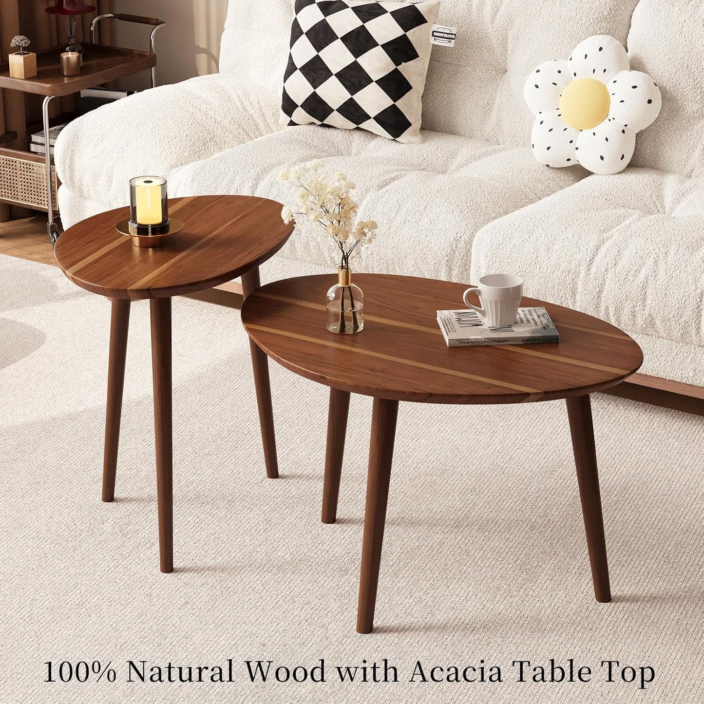 Small Oval Coffee Tables Set,Acacia Wood Tabletop Nesting Tables（25.6"x17.7"+17.7"x13.4" for Living Room Small Spaces Office,Easy Assembly Minimalist Walnut Mid Century Modern Coffee Table