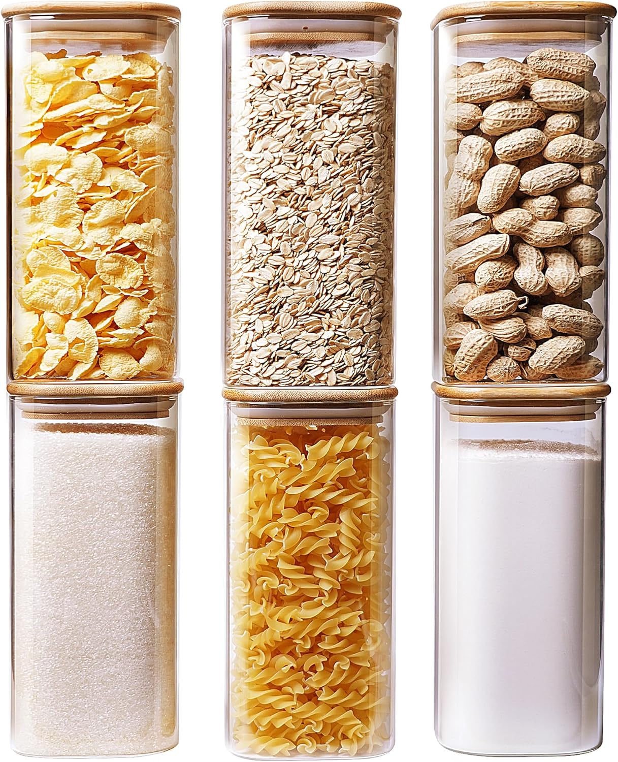 Square Glass Jars with Bamboo Lids [Muti Size Set of 5], Glass Canisters with Airtight Lids, Glass Food Storage Containers for Pasta, Cereal, Flour, Sugar, Best for Kitchen & Pantry