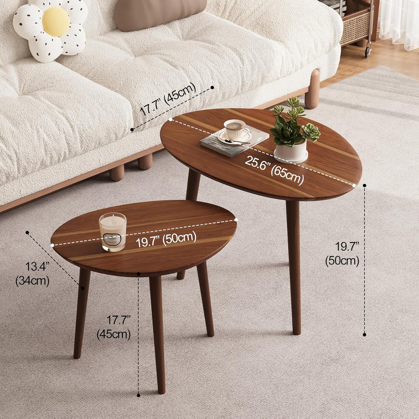 Small Oval Coffee Tables Set,Acacia Wood Tabletop Nesting Tables（25.6"x17.7"+17.7"x13.4" for Living Room Small Spaces Office,Easy Assembly Minimalist Walnut Mid Century Modern Coffee Table